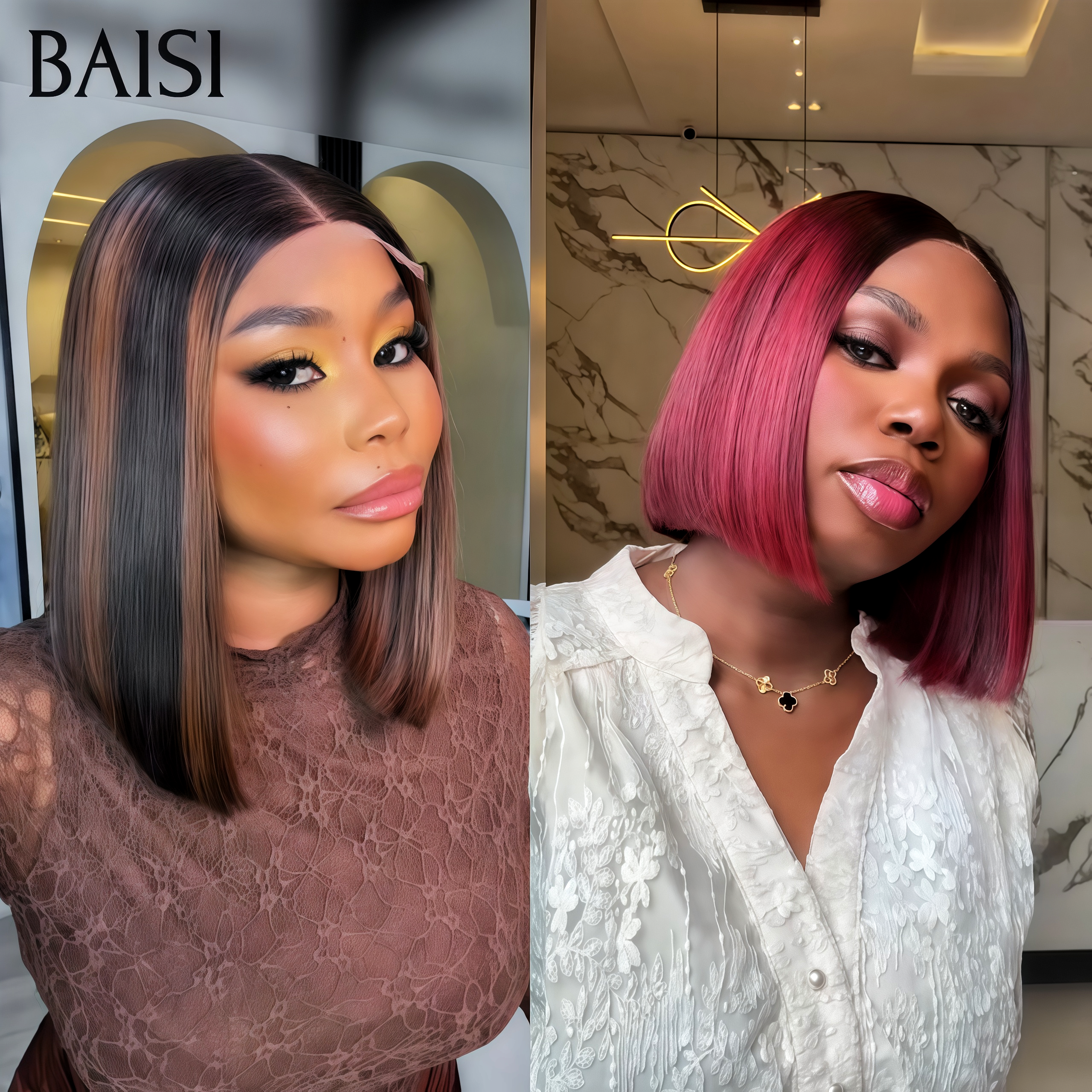BAISI lace closure Perruques Lisse BOB DE luxe plus Accessoirs en 2 couleurs Bordeaux ou Marron PROMO Offre spéciale en 100% vrais cheveux humains