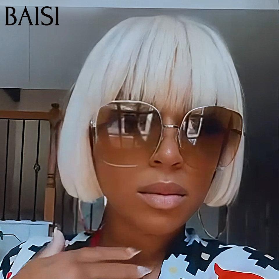 BAISI Straight Bob Wig With Bangs In Blonde #613 Square Cut 100% Real Human Hair Mix 2 Wigs Get Low Price (No Code Needed)