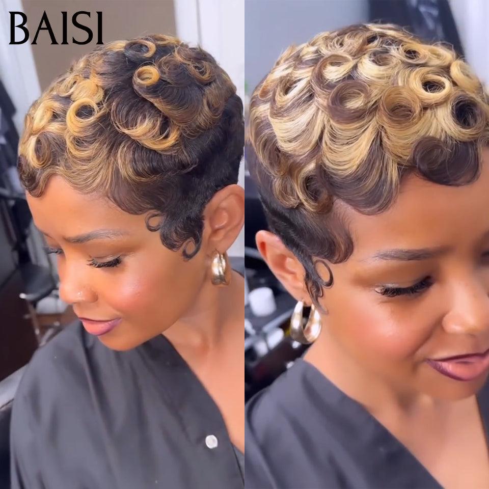 BAISI Perruque Pixie Finger Wave petite coupe fabriqué à la machine 48€ en couleur marron mixte miel En 100% Cheveux Humains FR38