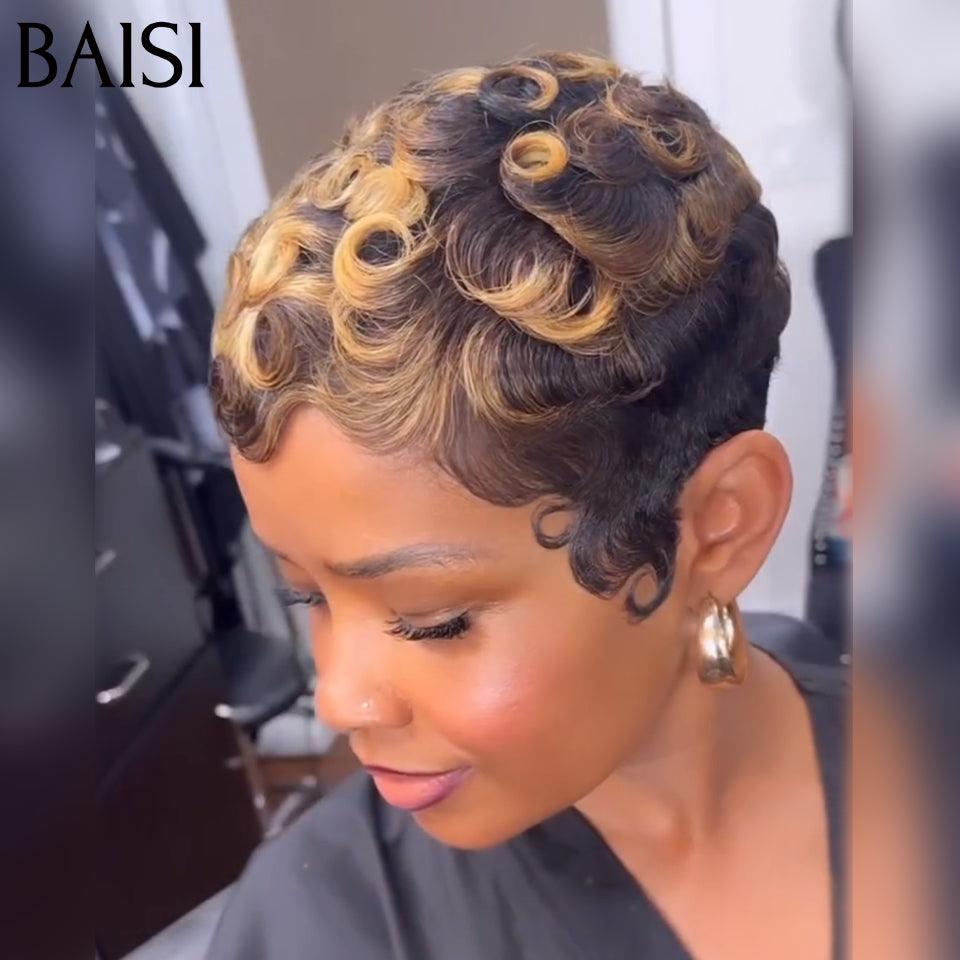 BAISI Perruque Pixie Finger Wave petite coupe fabriqué à la machine 48€ en couleur marron mixte miel En 100% Cheveux Humains FR38