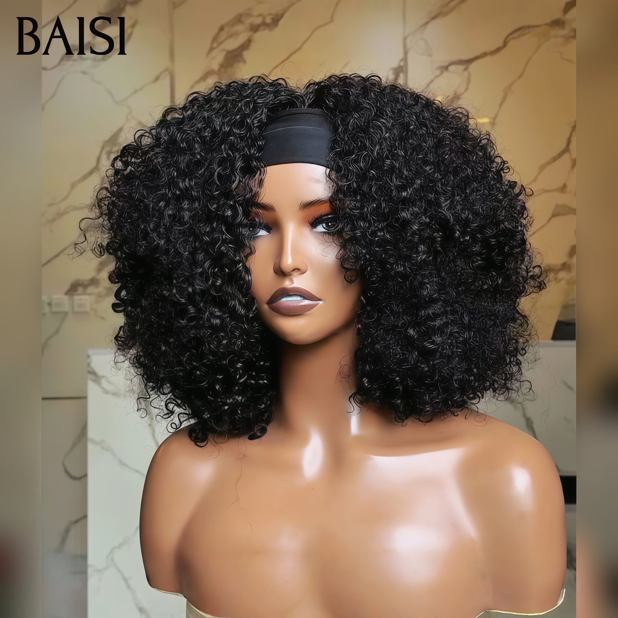 BAISI Perruque Bandeau BOB curly wave 14 Pouces 155€ 400% densité Fabriquée A La Machine sans Colle sans lace en 100% Cheveux Humains