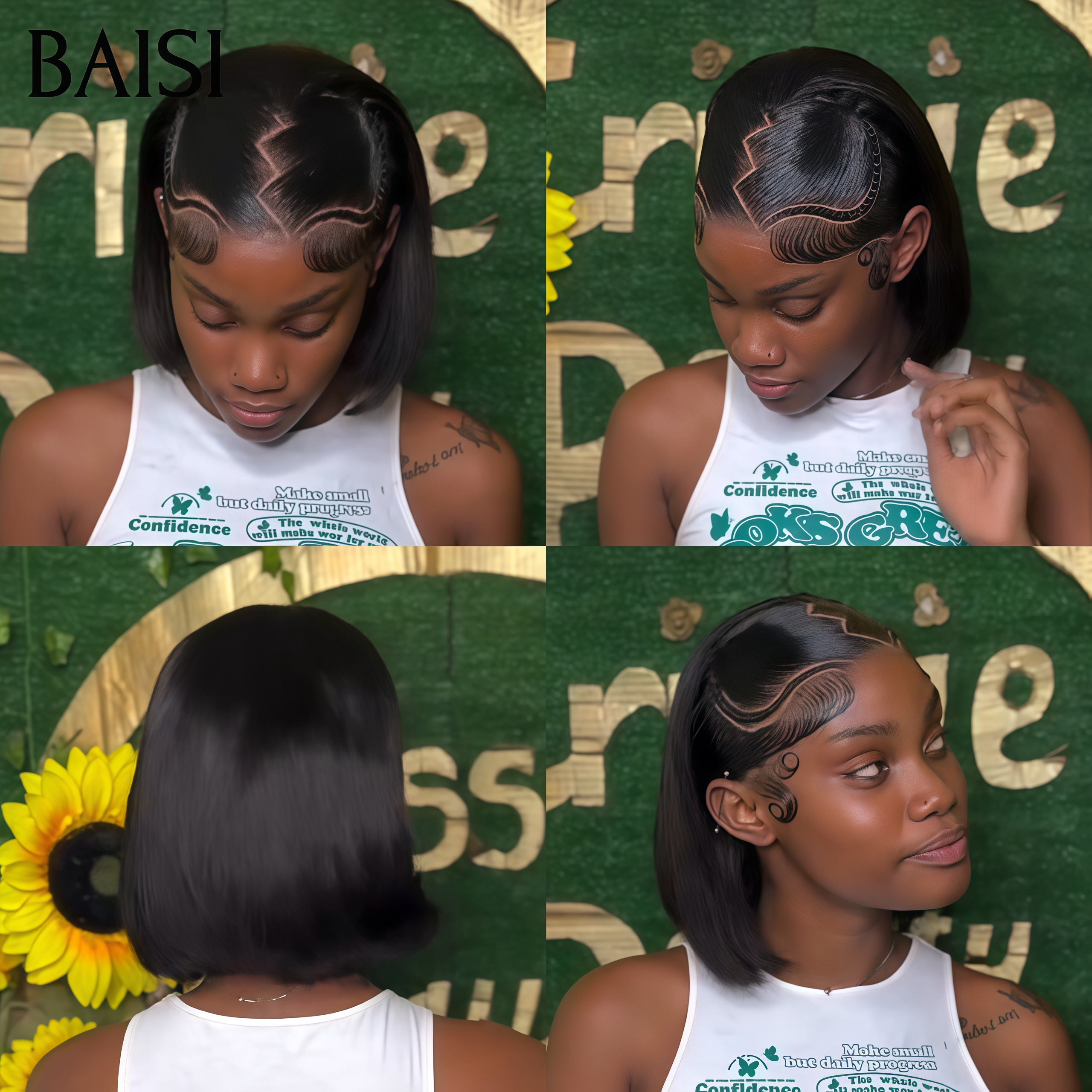 BAISI 13x4 Lace Frontale 10 Pouce lisse Noir 85€ sans colle prêt-à-porter Perruques avec coiffure tressée natte Vidéo 100% Réelle en 100% cheveux humains