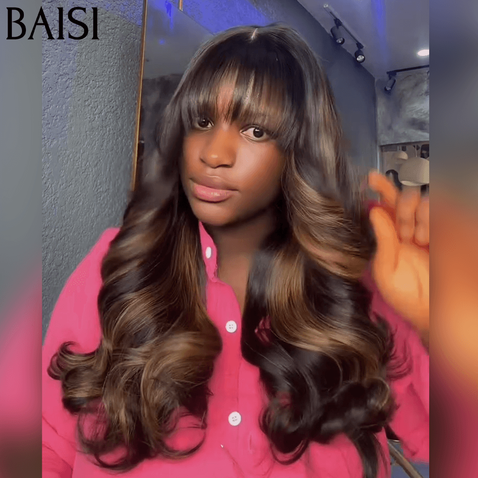 Perucas luxuosas onda ovo BAISI com franja feita por cabelo duplo desenhado com divisão média natural 300% de densidade