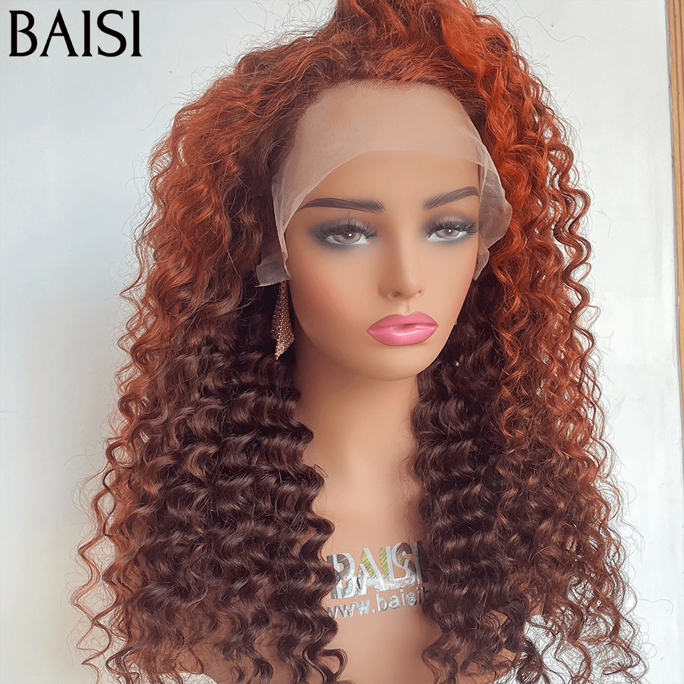 BAISI 13x4 Lace Frontal Deep Wave Perücke in der Farbe #1B Mixed Orange aus 100 % Echthaar