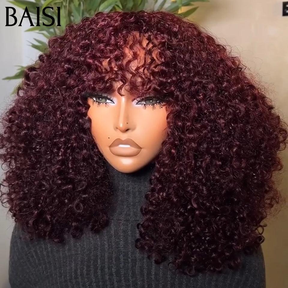 BAISI Perruque Afro Curly Bouclée 4# Marron avec Frange 14 Pouces 119€ ou 300% densité 99J# 16 pouces 168€ en 100% Cheveux Humains de Bonne Qualité FR38