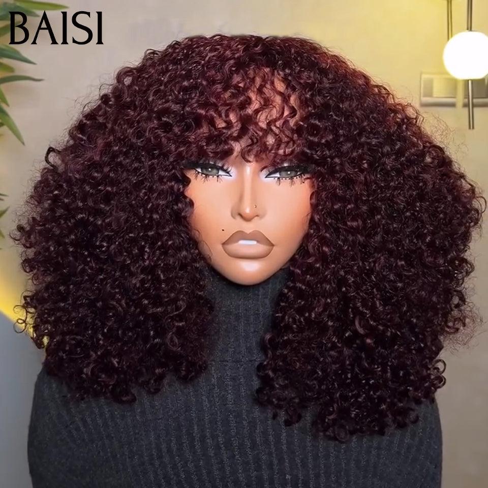 BAISI Perruque Afro Curly Bouclée 4# Marron avec Frange 14 Pouces 119€ ou 300% densité 99J# 16 pouces 168€ en 100% Cheveux Humains de Bonne Qualité FR38