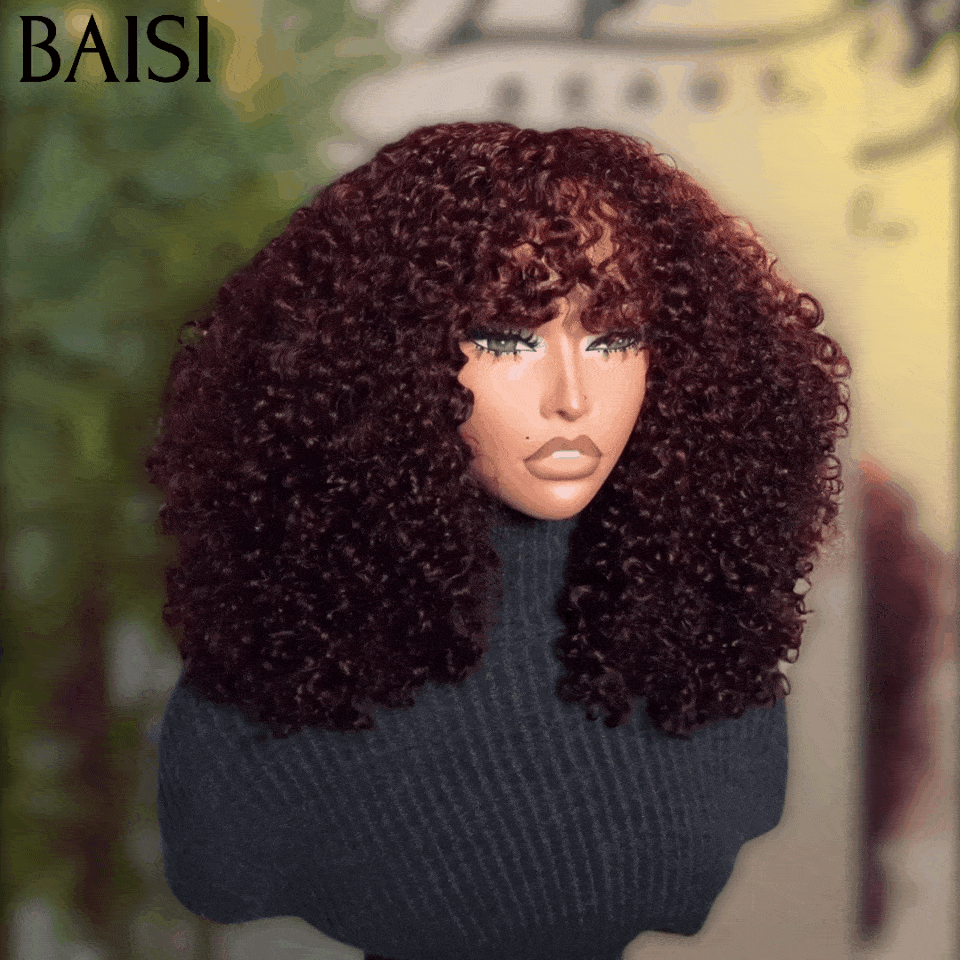 BAISI Perruque Afro Curly Bouclée 4# Marron avec Frange 14 Pouces 119€ ou 300% densité 99J# 16 pouces 168€ en 100% Cheveux Humains de Bonne Qualité FR38
