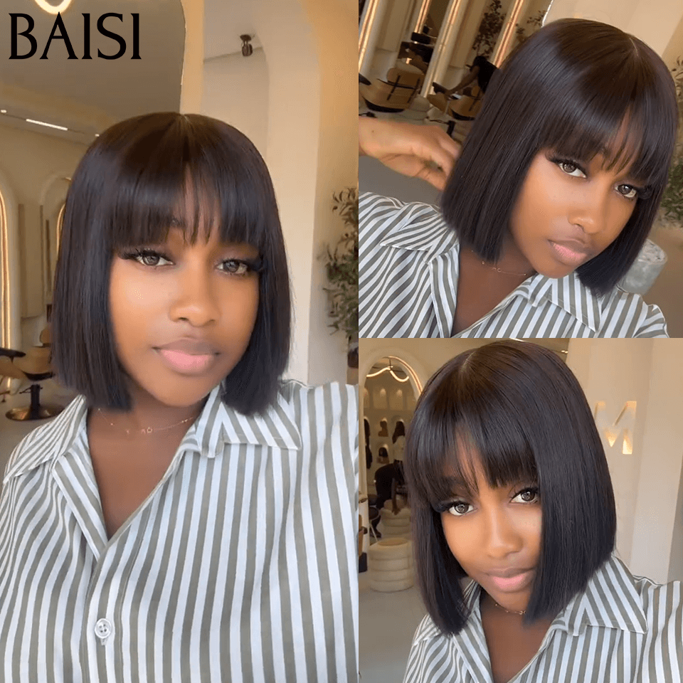 BAISI Perruque Lisse avec Frange 18 pouces 109€ ou Mixte 92€ En Couleur Noir ou mixte ou DE luxe Lisse bob NOIR 8 Pouces 68€ en 100% cheveux humains FR20