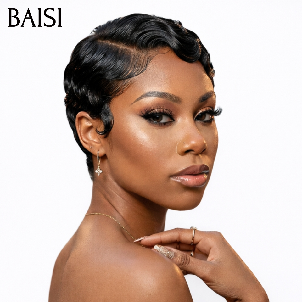 BAISI perruque water wave en Couleur NOIR sans Colle sans lace en 100% cheveux humains
