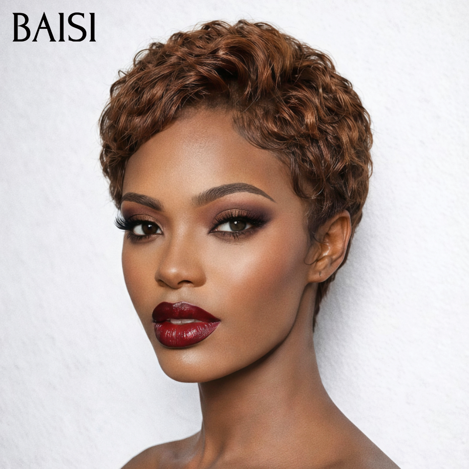 BAISI Perruque pixie 13x4 lace frontal Marron 4# 100% Comme la photo en 100% Cheveux Humains