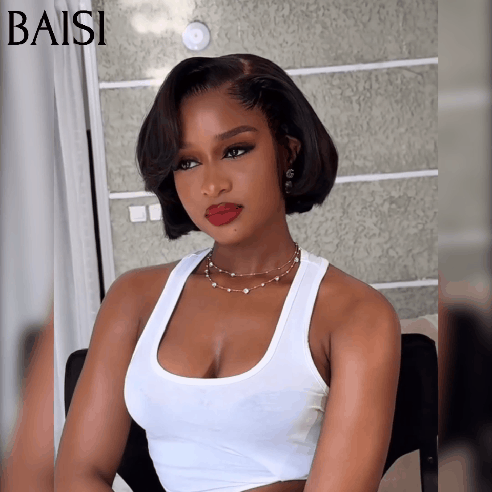 BAISI 13x4 Frontal Straight bob wig in color 4T#27#4# Pre-plucked No Glue Needed in 100% Raw Hair Lace already cut