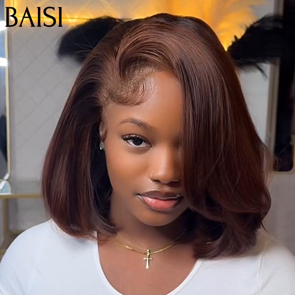 BAISI 13x4 Frontal-Straight-Bob-Perücke in der Farbe 4T#27#4#, vorgezupft, kein Kleber erforderlich, aus 100 % Rohhaar, Spitze bereits geschnitten