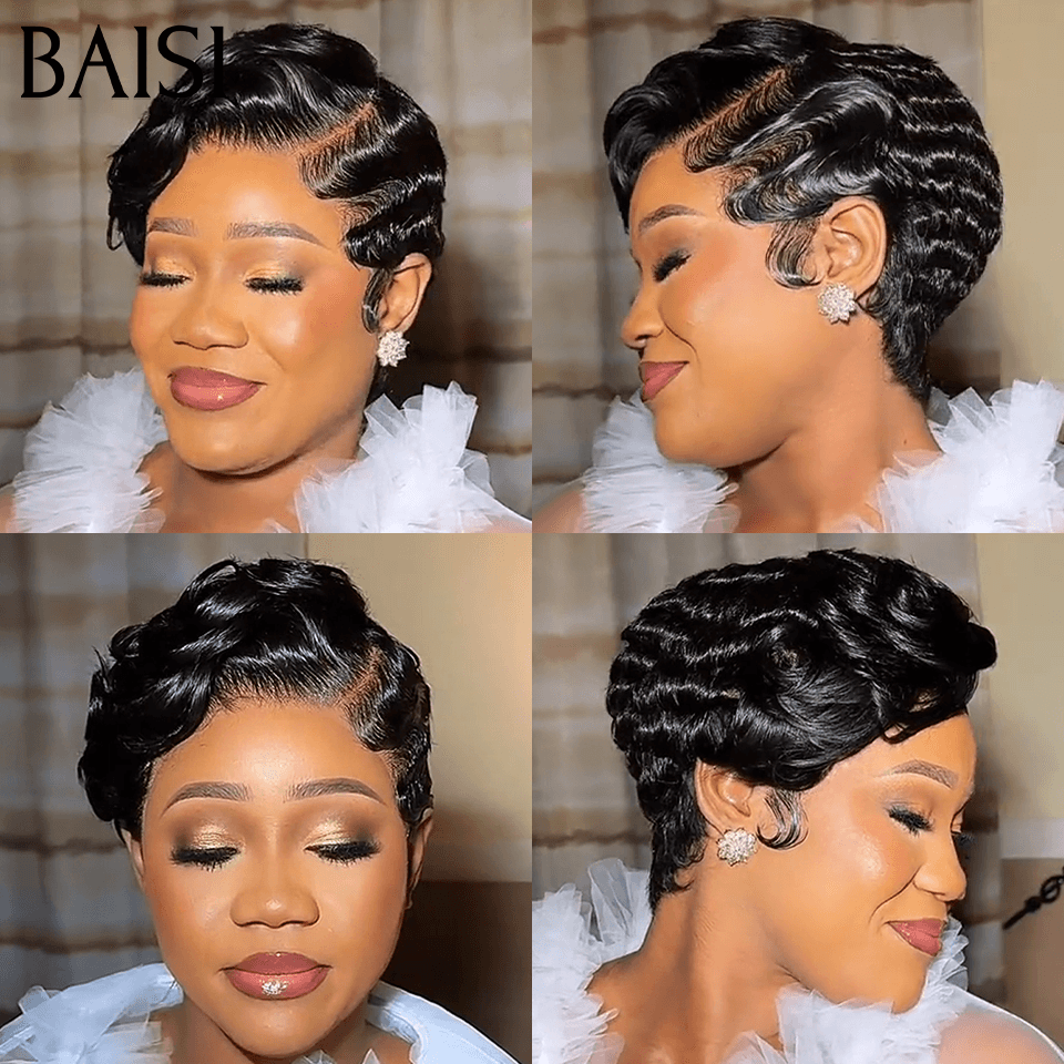 BAISI 13x4 Lace Frontale Perruque Pixie Finger Wave Moitié Prix petite coupe 59€ NOIR En 100% Cheveux Humains MP50
