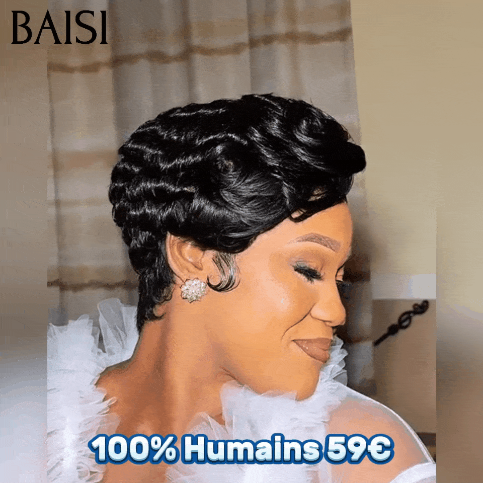 BAISI 13x4 Lace Frontale Perruque Pixie Finger Wave Moitié Prix petite coupe 59€ NOIR En 100% Cheveux Humains MP50
