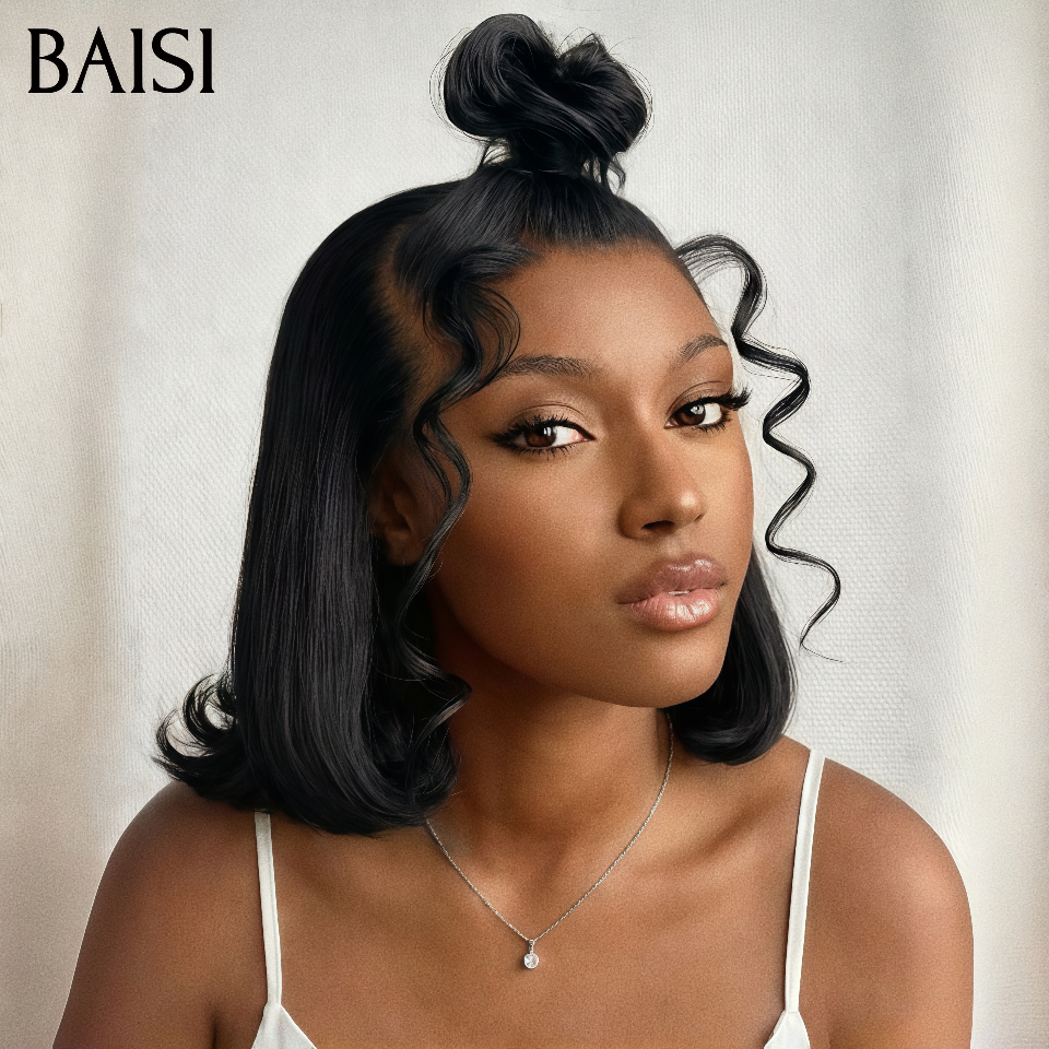 BAISI PROMO Nouveau produit 13x4 lace frontal Perruque avec Chignon de nattes lisse 10 pouces en 100% Cheveux Humains