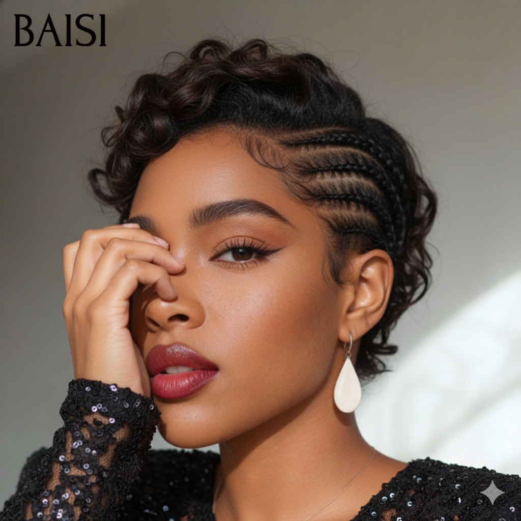 BAISI 13x4 lace frontal pixie Perruque avec coiffure tressée natte 78€ promotion en 100% Cheveux Humains Comme la photo