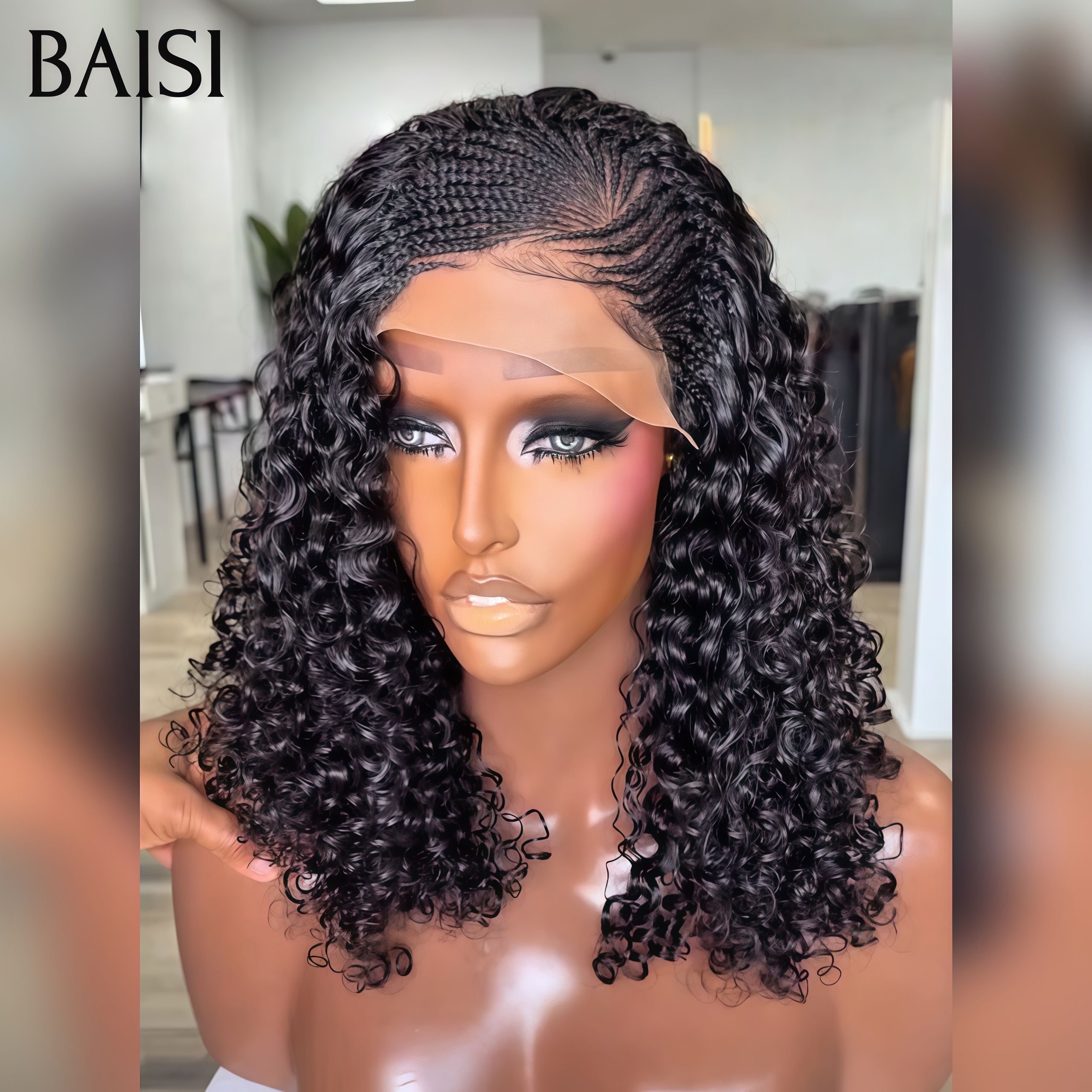 BAISI PROMO Nouveau produit 13x4 lace frontal Perruque avec coiffure tressée natte curly wave 16 pouce 89€ en 100% Cheveux Humains Comme la photo