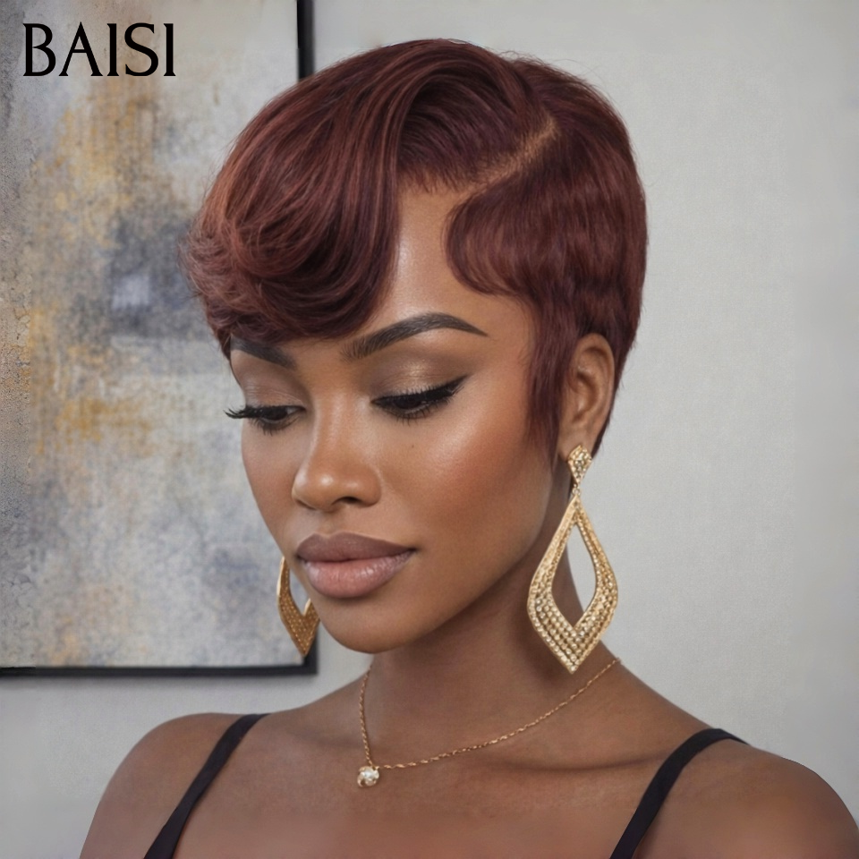 BAISI 13x4 lace Frontal Perruque Personnalisée couleur marron pixie lisse Cheveux Humains
