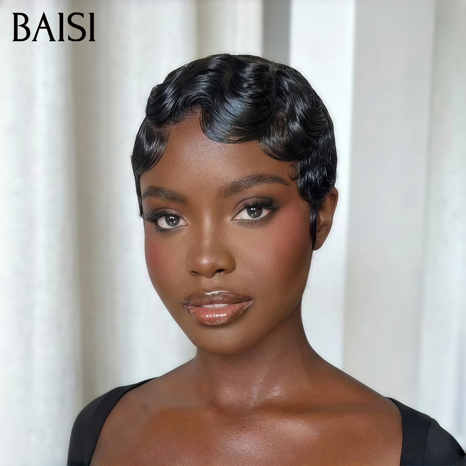 BAISI Perruque sans Colle sans lace pixie water wave NOIR 100% Cheveux Humains FR38