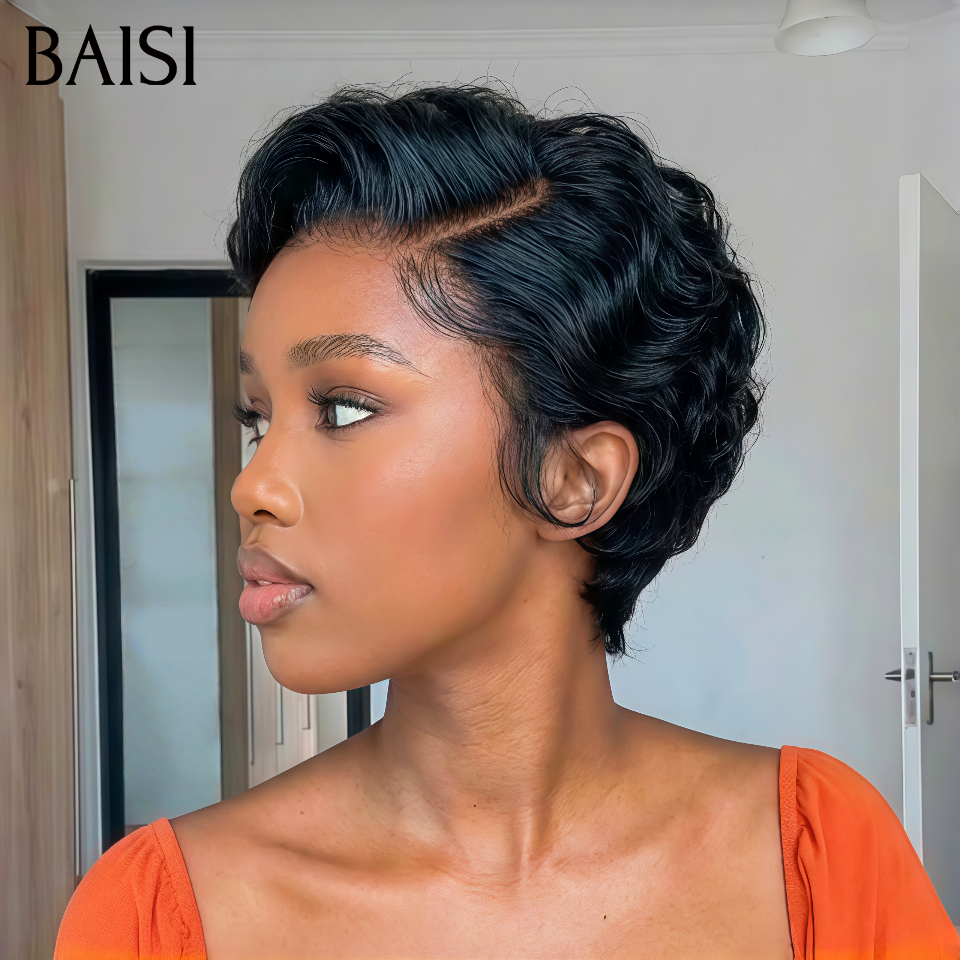BAISI 13x4 Frontal Perruque pixie Lisse En Noir 68€ en France En 100% Vrais Cheveux Humains