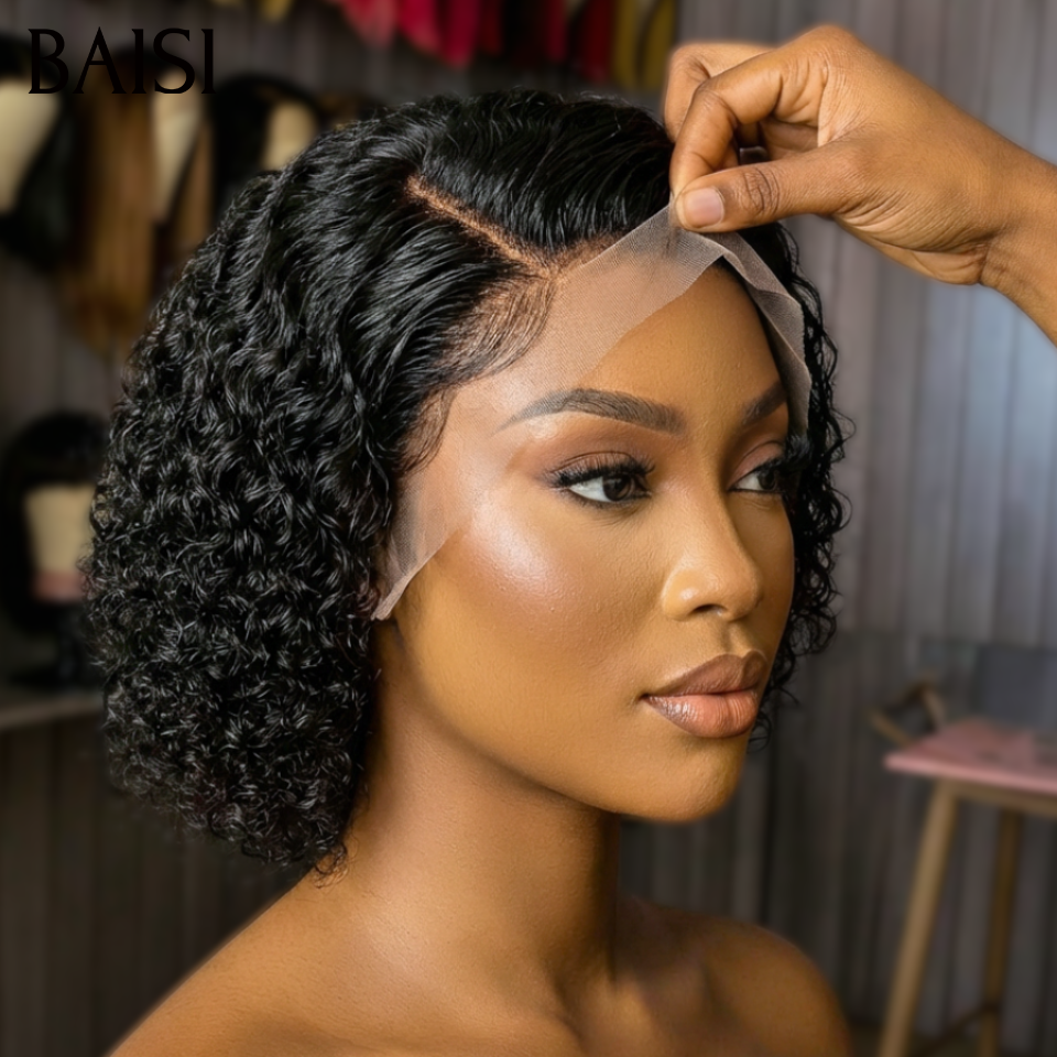 BAISI Perruque Bob afro curl avec lace frontal 10 pouces 68€ couleur noir en 100% Cheveux Humains
