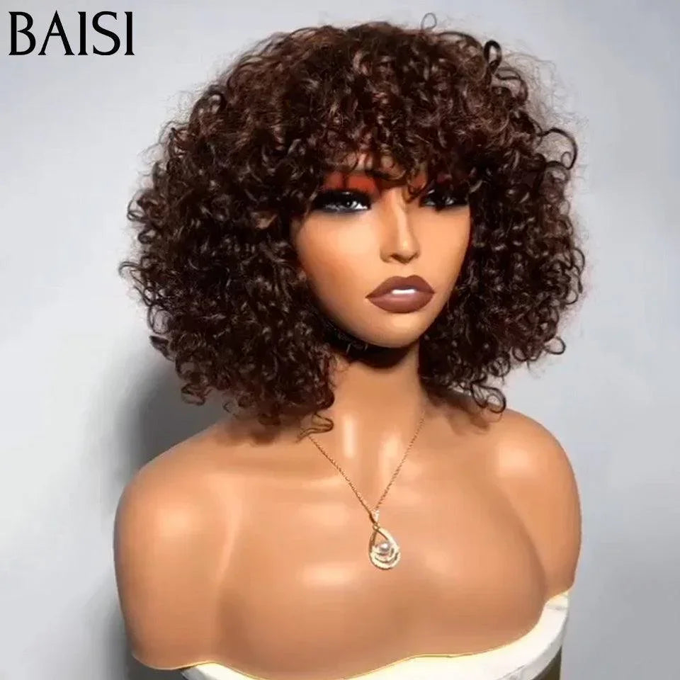 BAISI Offre Flash 98€ Perruque Bouclée Water Wave Couleur Marron Sans Lace Sans Colle en 100% Cheveux Humains FR38