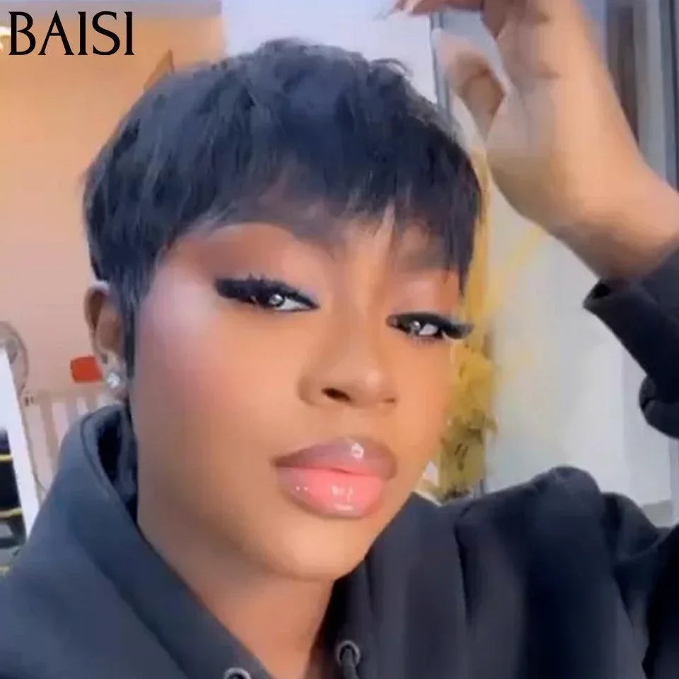 BAISI Pixie 42 € in der Farbe Brown Mix Honey 4#27# 9047 Pixie Black #026, kleiner Schnitt, maschinell hergestellt, ohne Kleber, ohne Spitze