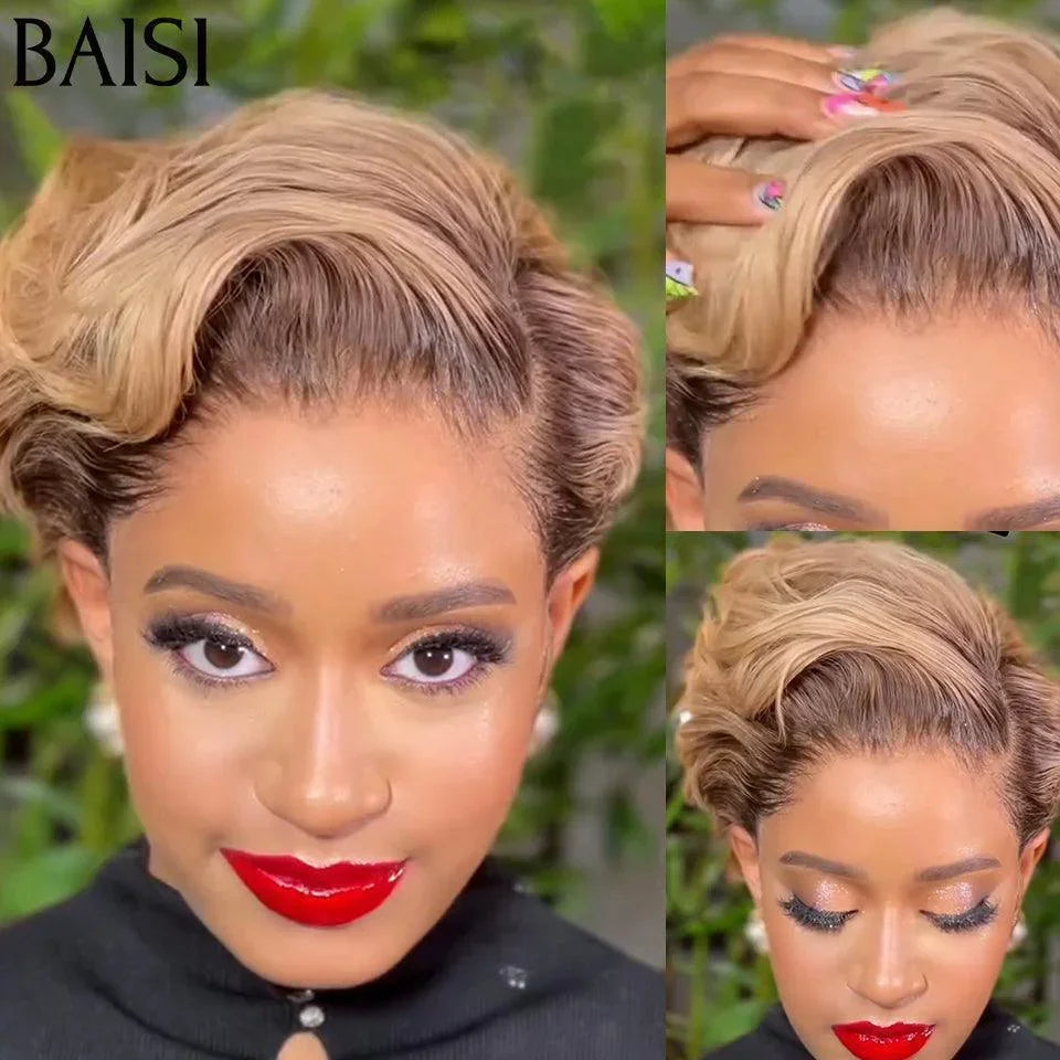 BAISI Grand Promo 78€ Perruque lace frontale pixie Lisse 4/30# en 100% Vrais Cheveux Humains En Couleur +coiffure FR38