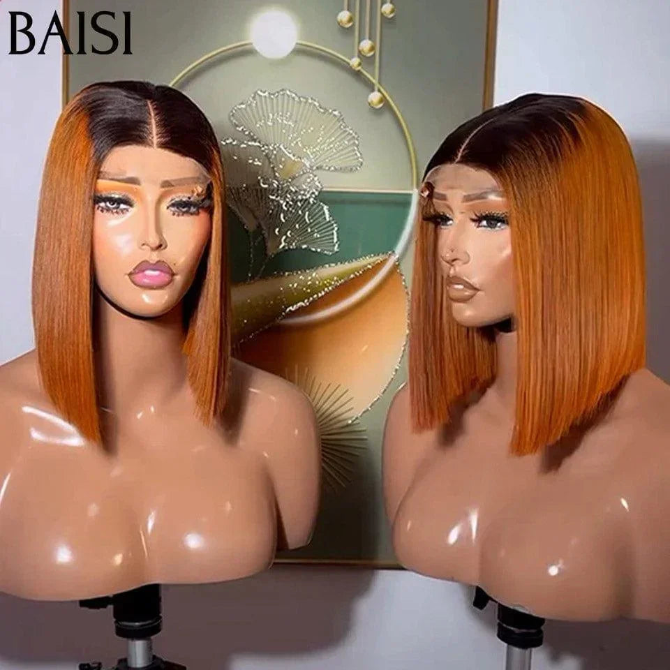 BAISI 2X6 Luxury High Quality Wigs Vietnam Hair Straight BOB in Orange Color with Black Root 1BT350# in 100% Human Hair