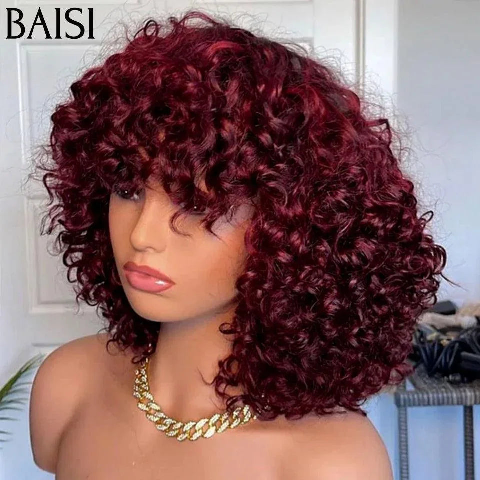 BAISI Flash Offer 82€ Curly Egg Curl Wig Bordeaux Red or Brown Without Lace Without Glue in 100% Human Hair