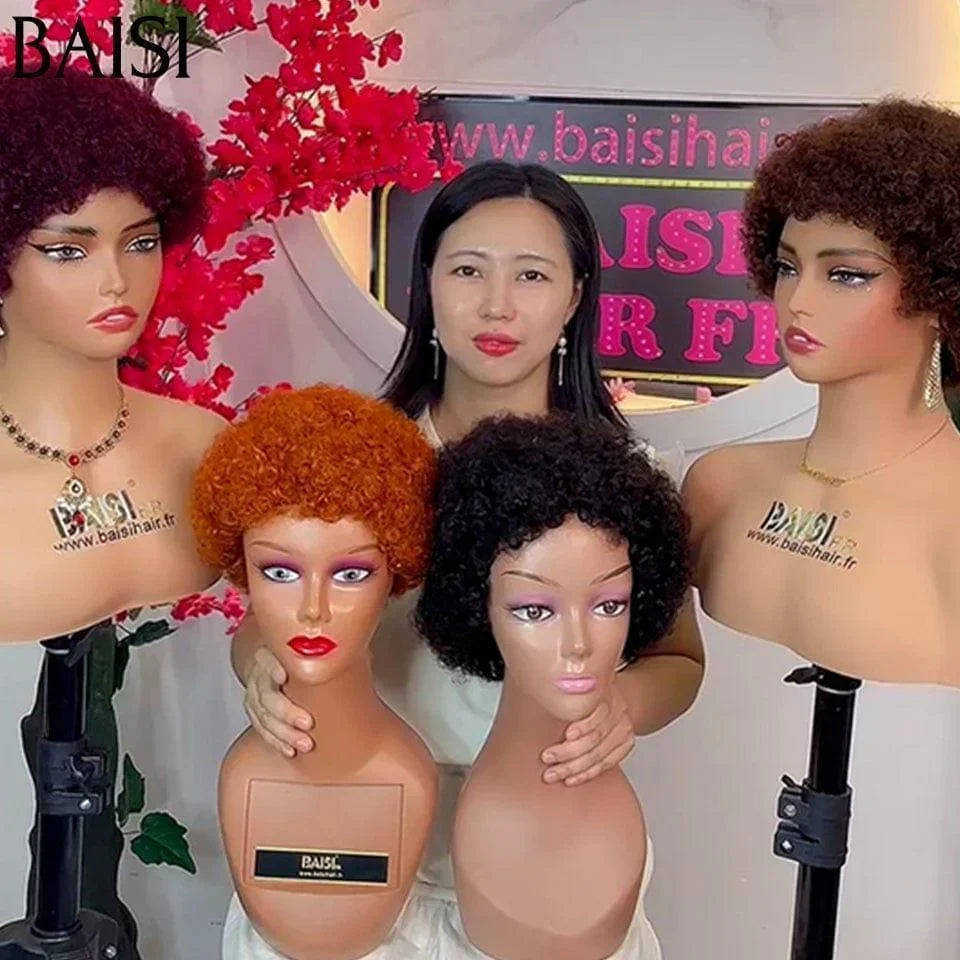 BAISI 4 Couleur Perruques 120€ Pixie Afro sans lace sans colle bouclé partout Noir en 100% cheveux humains
