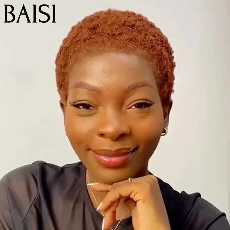 BAISI Perruque Pixie Afro Curl 13x4 lace frontal bouclé partout en Orange #350 en 100% cheveux humains F-905