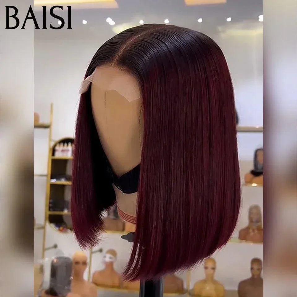 BAISI 2X6 Perruques de Luxe Haute Qualité Viêtnam Hair Lisse BOB en Couleur Bordeaux avec racine noir 1BT99J# en 100% Cheveux Humains