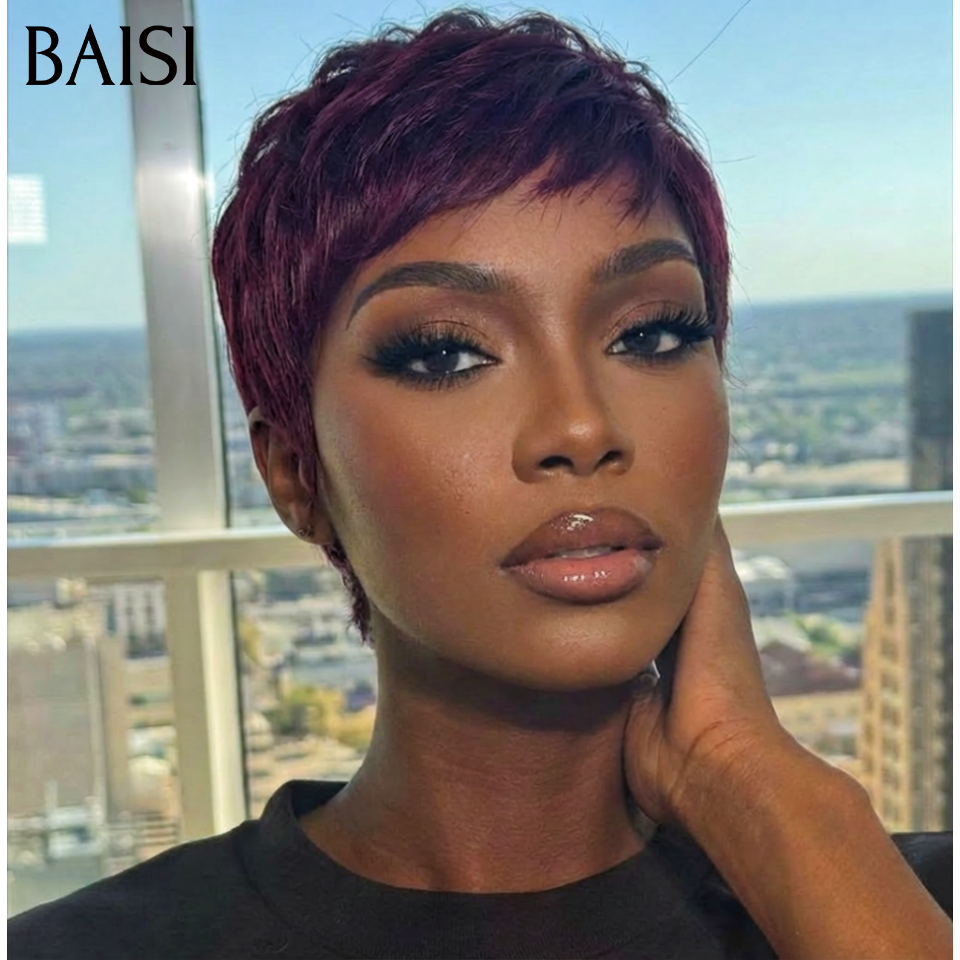 BAISI Perruques pixie Lisse Bordeaux Grande Promo arrivage pixie coupe fabriqué à la machine En 100% Cheveux Humains