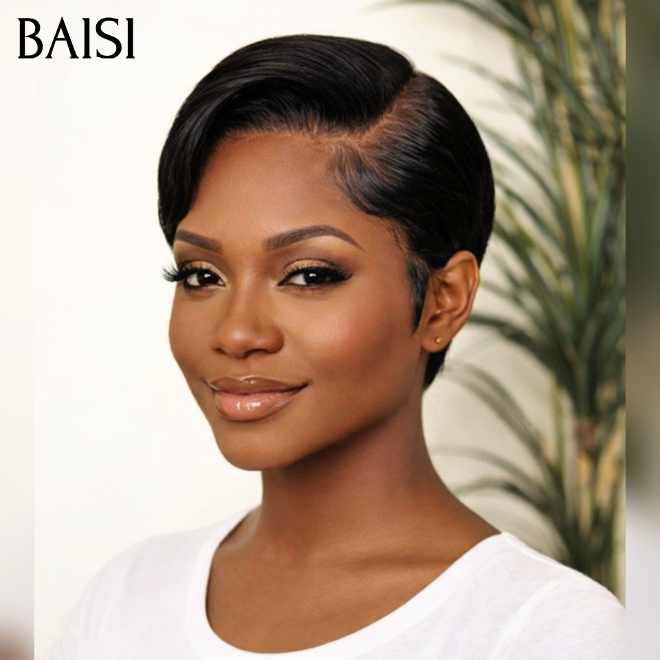 BAISI Perruque 60€ pixie 13x4 lace frontal Lisse en couleur NOIR en 100% Cheveux humains