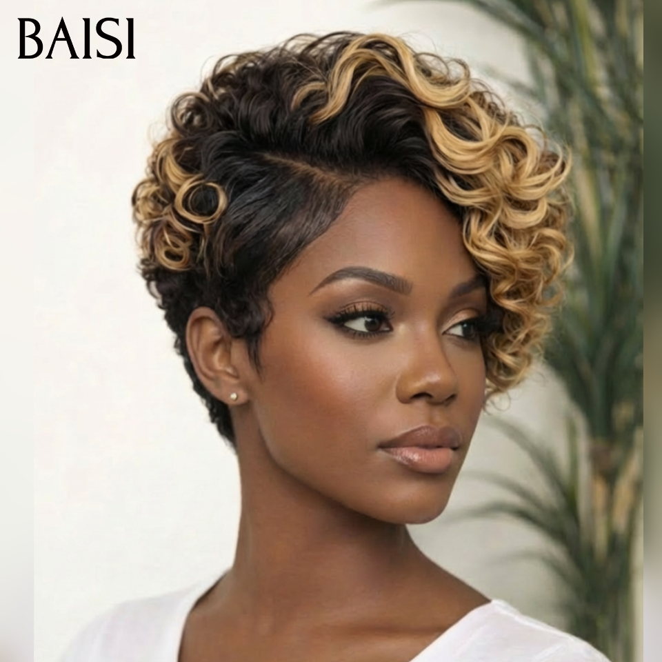 BAISI Perruques Livraison gratuite en Europe Grande Promo arrivage pixie coupe fabriqué à la machine En 100% Cheveux Humains En #1Bmix Miel