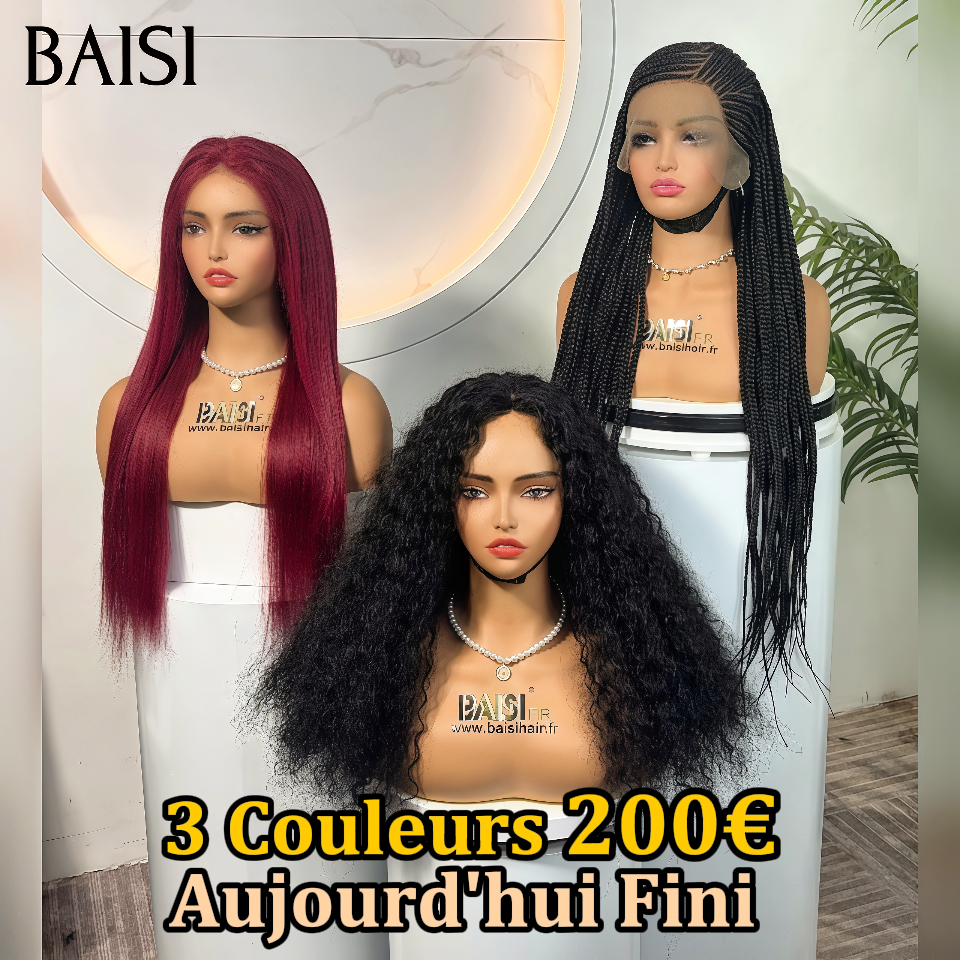 BAISI Offre à durée limitée 3 Perruques Abordable 200€ natte ou Lisse ou curly wave modèles au hasard selon le Facile à Revendre en 100% Cheveux Humains stock sans retour