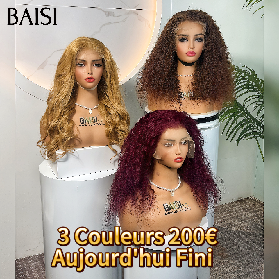 BAISI Offre à durée limitée 3 Perruques couleurs 200€ Miel ou Marron ou Bordeaux modèles au hasard selon le Facile à Revendre en 100% Cheveux Humains stock sans retour