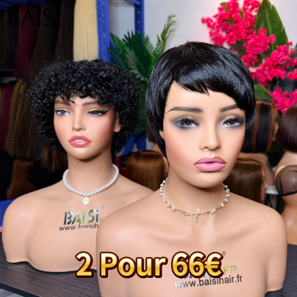 BAISI pixie 2 Perruque 66€ Lisse et curly en France sans lace Fabriqué à la Machine Promotion NOIR en 100% Cheveux Humains