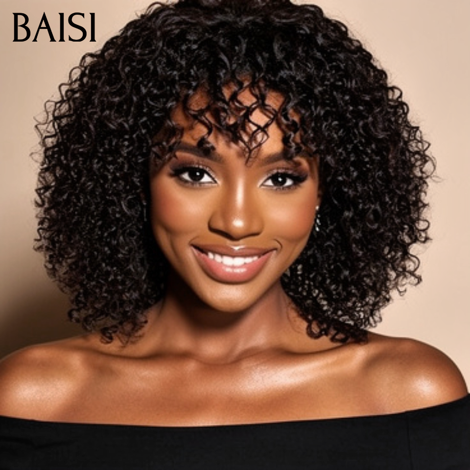 BAISI Peruca encaracolada curly wave com franja 12 polegadas Sem cola Sem lace na cor PRETO em 100% cabelo humano BS65