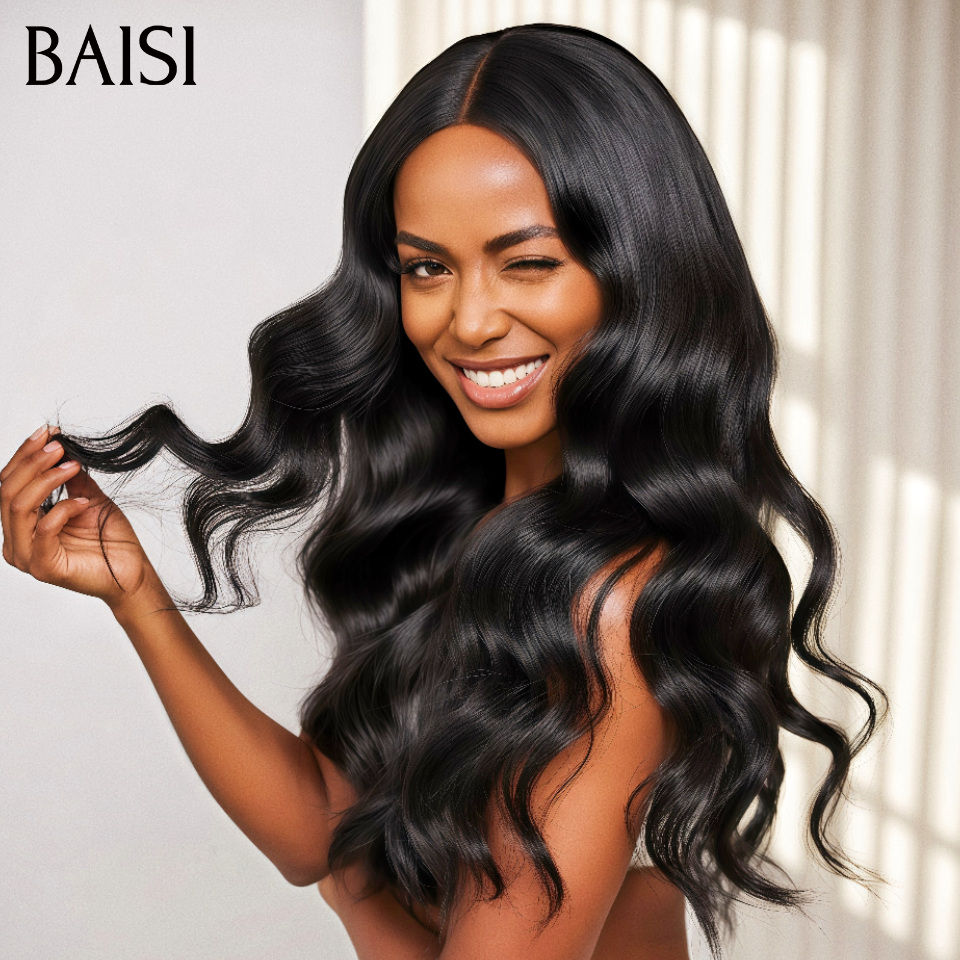 BAISI 13x4 Lace Perruque Body Wave Noir En Haut De Gamme 200% densité En 100% Raw Hair