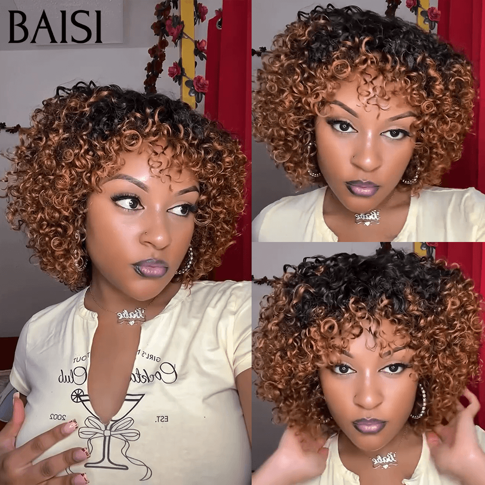 BAISI Afro Curly Wave Wave Perücke mit Pony 14 Zoll in brauner Farbe 4#+1 IRON aus 100 % echtem Echthaar, Code: BS120