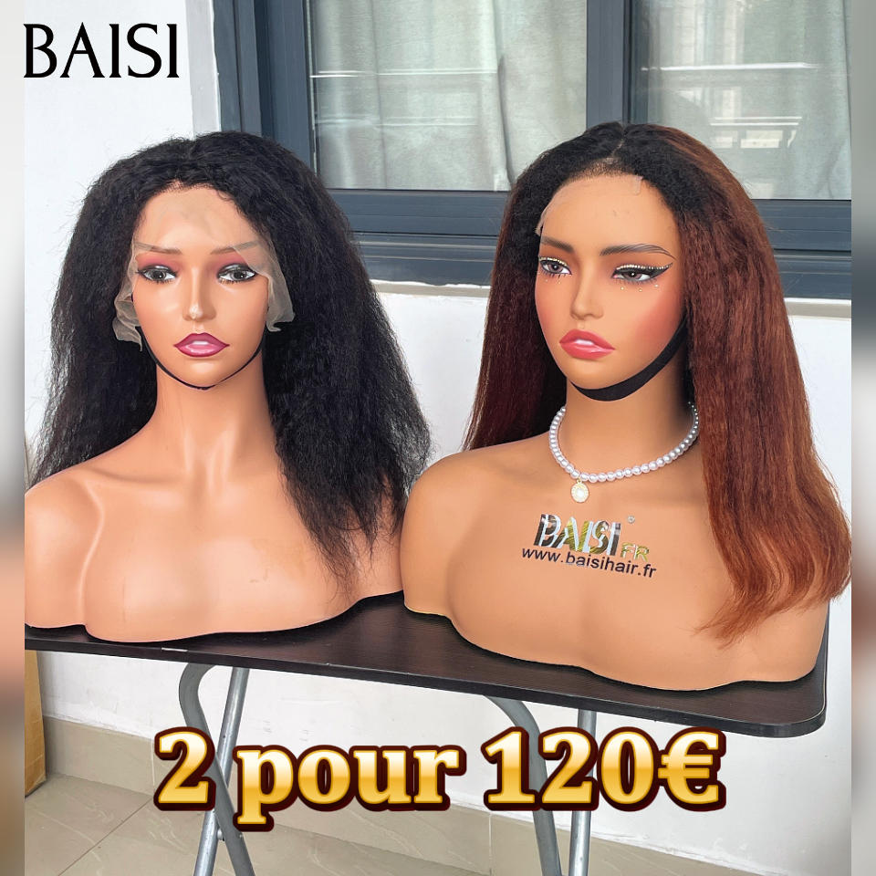 BAISI pour revendre 2 perruques 120€ 13x4 lace frontal BOB NOIR et Marron kinky straight en 100% vrais cheveux humains