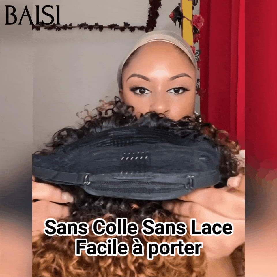 BAISI Afro Curly Wave Wave Perücke mit Pony 14 Zoll in brauner Farbe 4#+1 IRON aus 100 % echtem Echthaar, Code: BS120