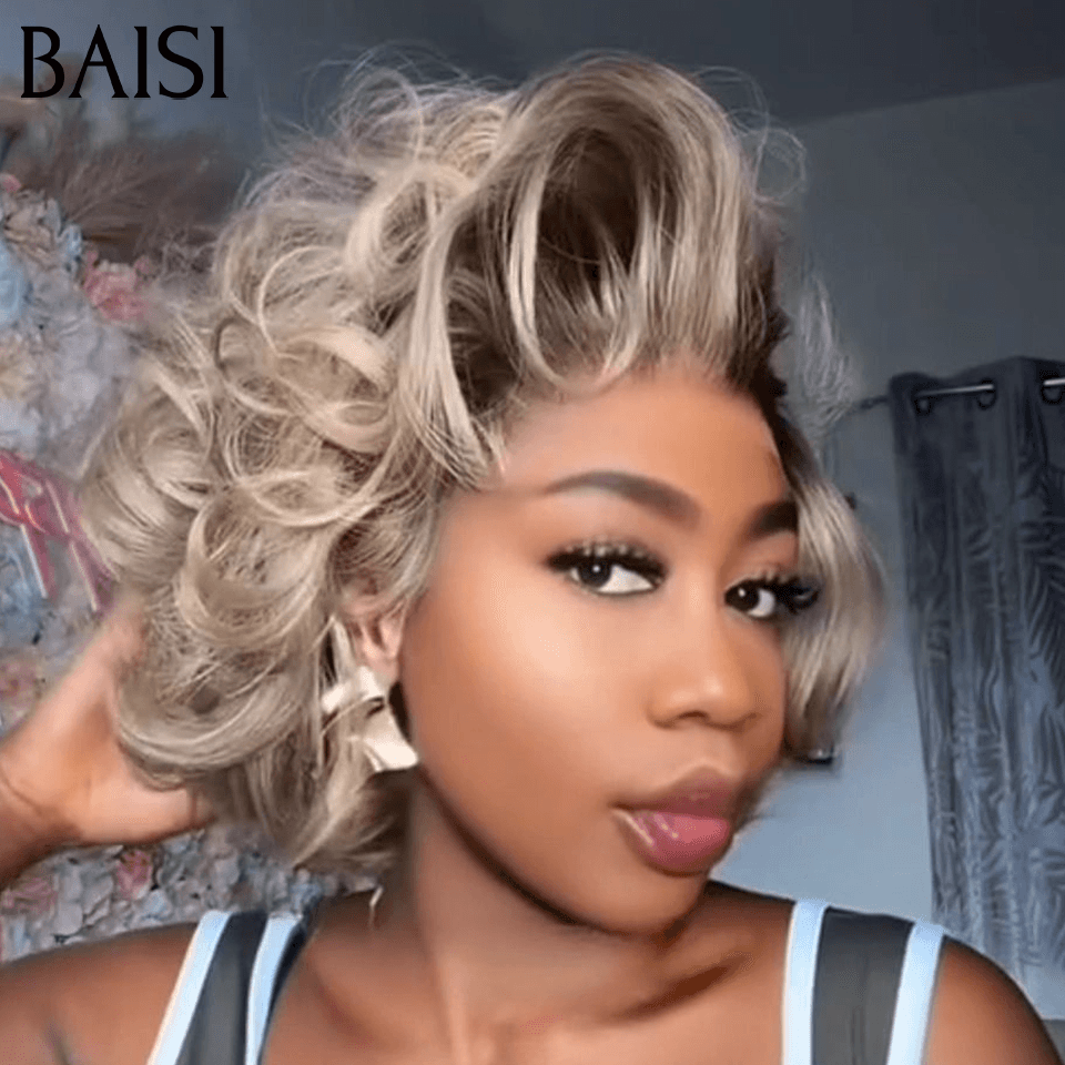 BAISI 5X lace Perruque Pixie Bouclée Wave Couleurs personnalisées noir et gris 88€ Facile à porter sans Colle en 100% Cheveux Humains FR38