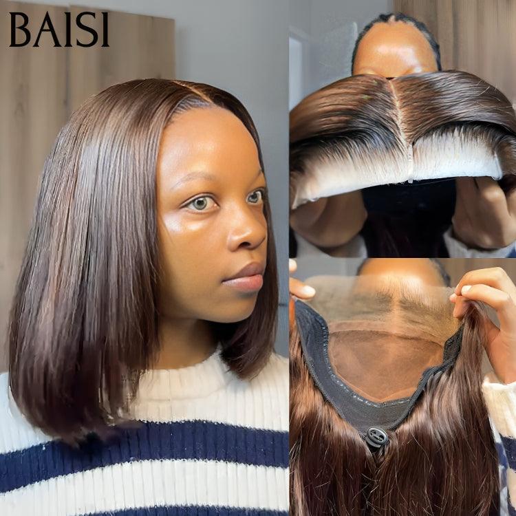 BAISI 13X4 verworrene gerade Bob-Perücke in Schwarz, vorgezupft, kein Kleber erforderlich, aus 100 % Rohhaar, Spitze bereits geschnitten