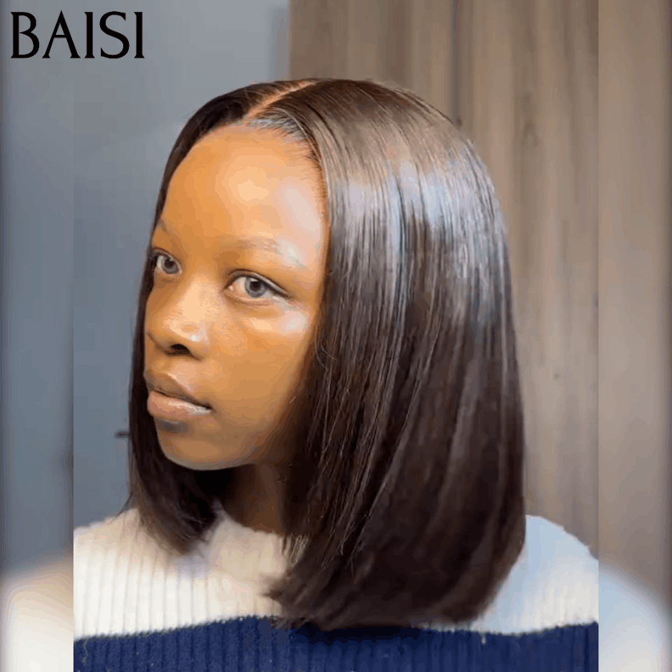 BAISI 13X4 verworrene gerade Bob-Perücke in Schwarz, vorgezupft, kein Kleber erforderlich, aus 100 % Rohhaar, Spitze bereits geschnitten
