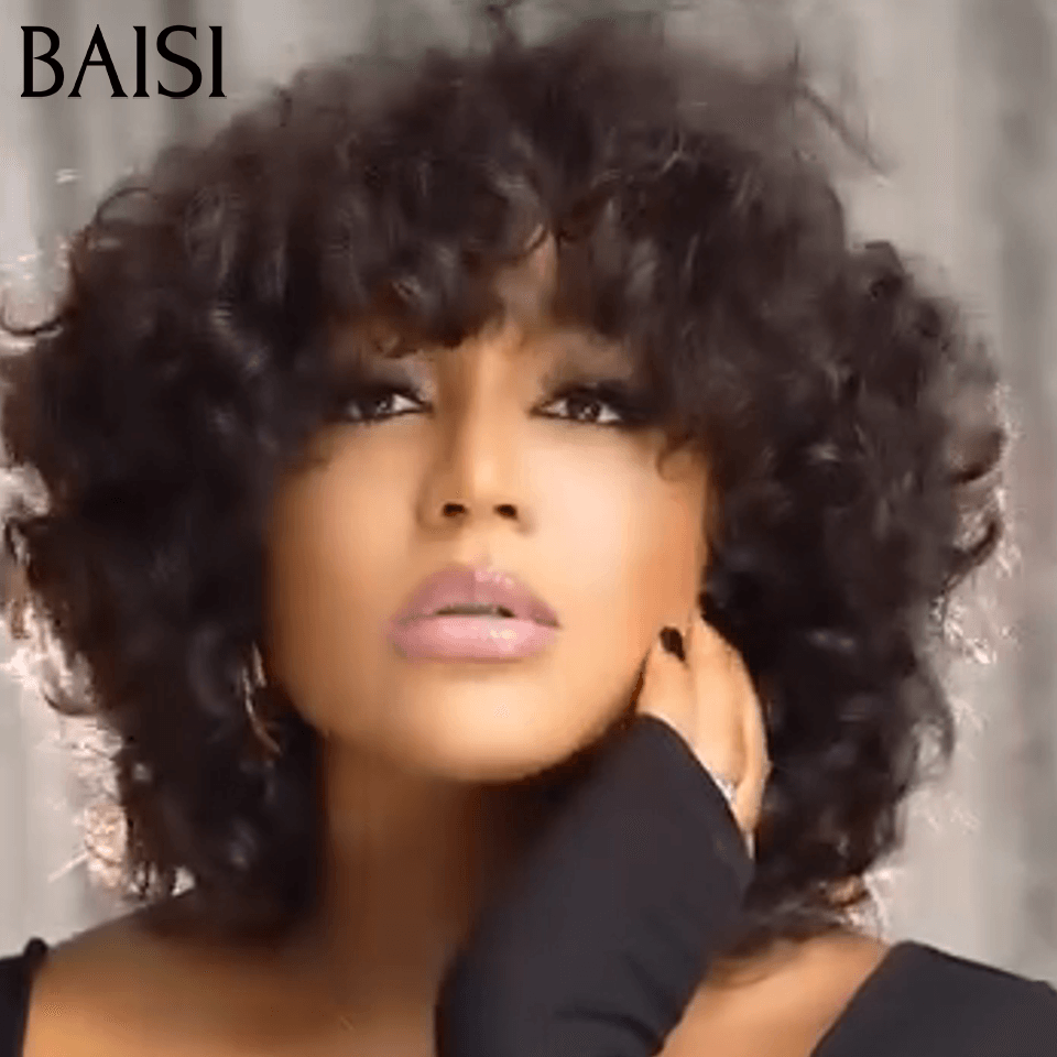 Oferta Flash BAISI 77€ Peluca Bob EGG ondulada con Flequillo en Negro Sin Encaje en Cabello 100% Humano FR20