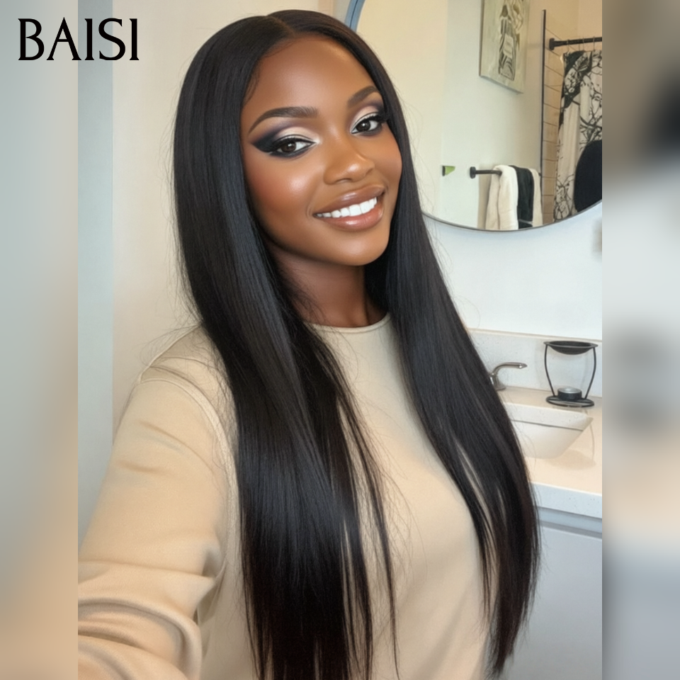 BAISI Perruques Lisse avec lace frontal ou avec Frange Fabriquées par les cheveux double drawn avec la raie naturel au mileux