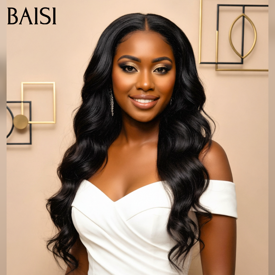 BAISI 13x4 lace frontal Body wave 20 pouce 108€ raw hair ou Lisse et body wave marron #4 avec Frange Fabriquées par les cheveux double drawn